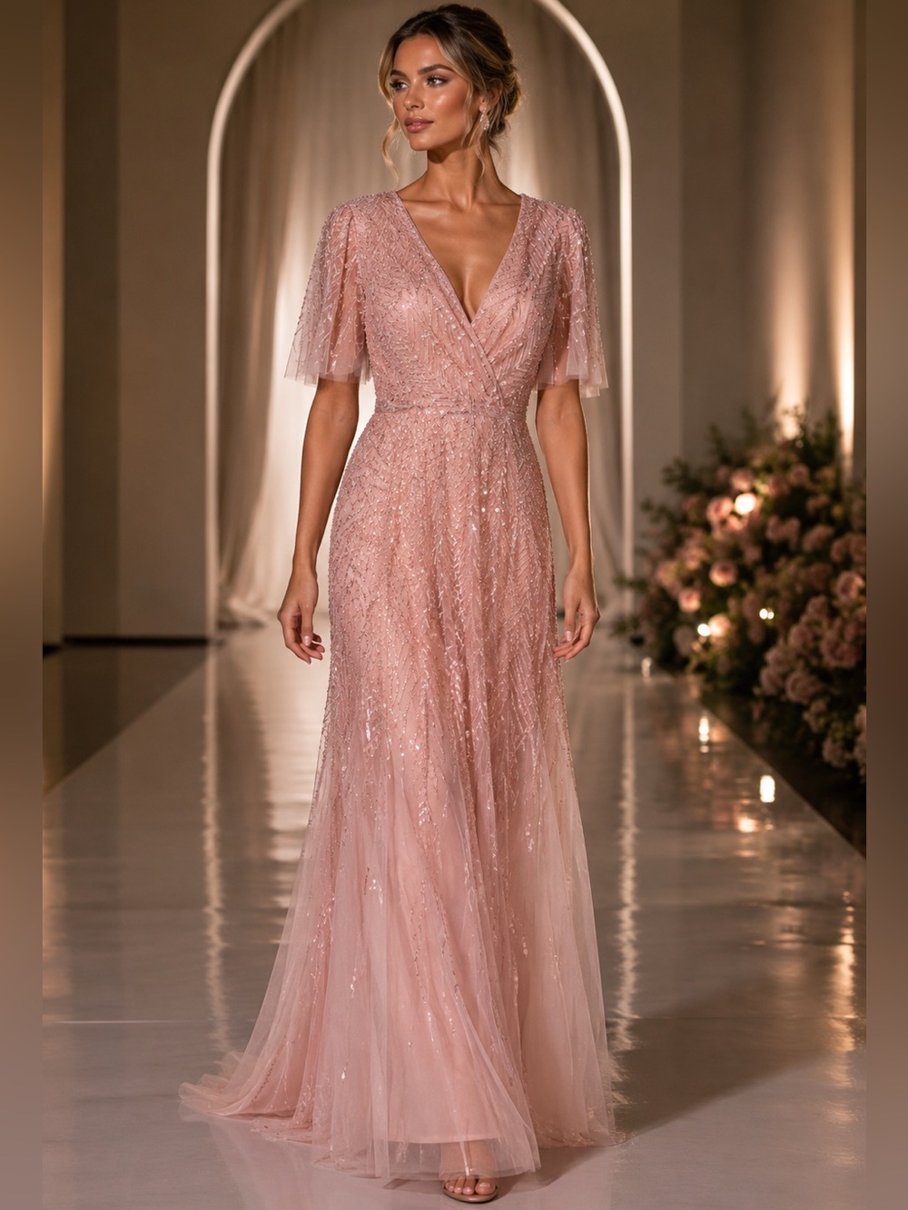 Mac Duggal Elegant Pink Beaded V-Neck Evening Dress, Style #: 35116